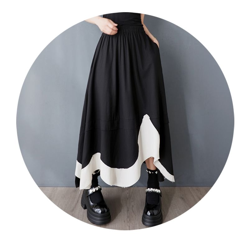 Elastic Waist Asymmetrical Maxi A-Line Skirt
