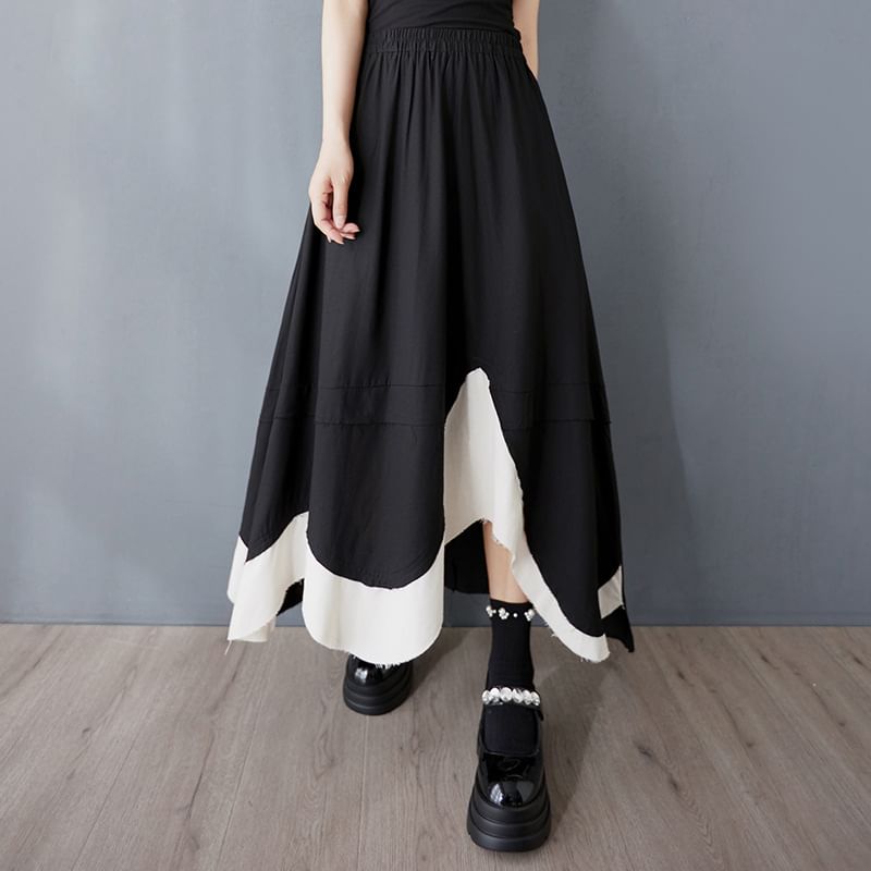 Elastic Waist Asymmetrical Maxi A-Line Skirt