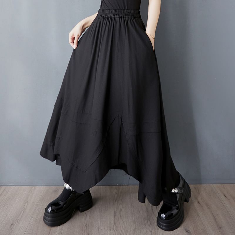 Elastic Waist Asymmetrical Maxi A-Line Skirt