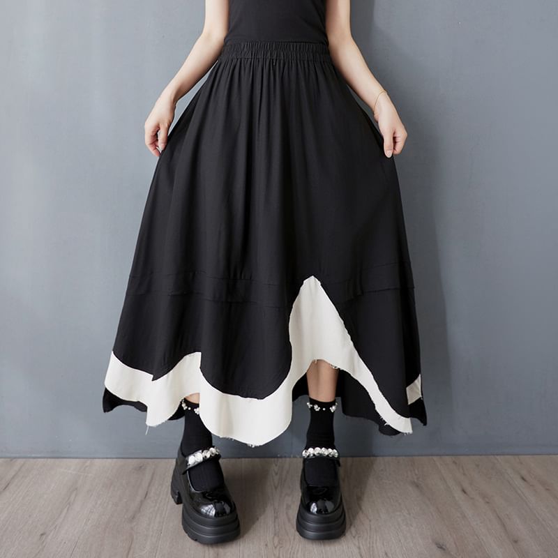 Elastic Waist Asymmetrical Maxi A-Line Skirt