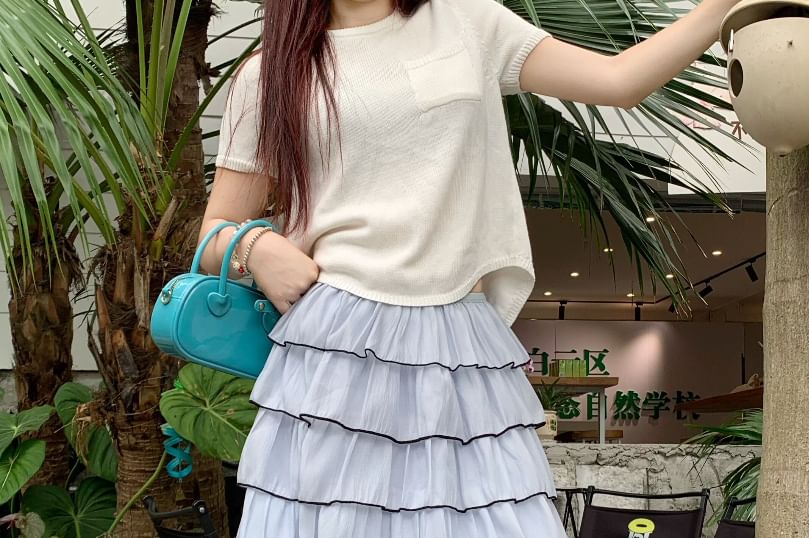 Mid Rise Plain Contrast Trim Midi Tiered Skirt