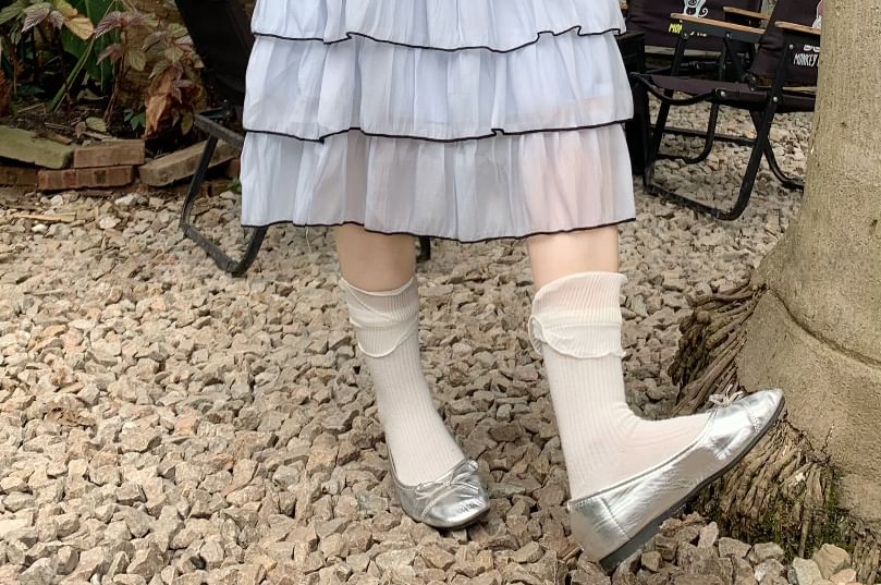 Mid Rise Plain Contrast Trim Midi Tiered Skirt