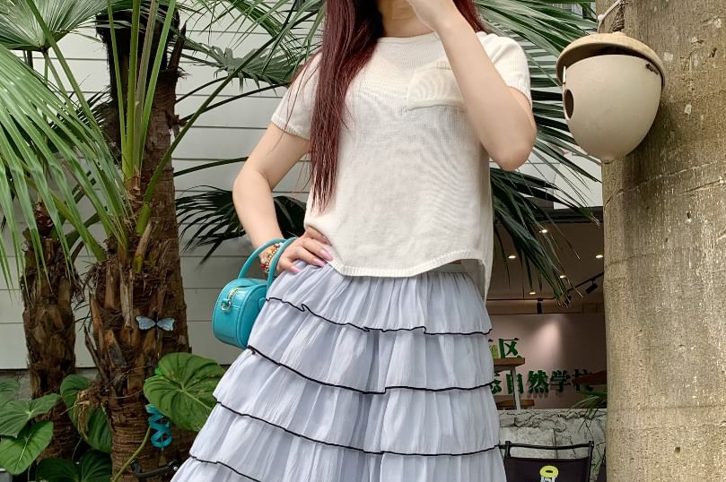 Mid Rise Plain Contrast Trim Midi Tiered Skirt
