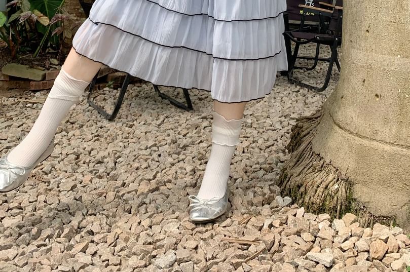 Mid Rise Plain Contrast Trim Midi Tiered Skirt