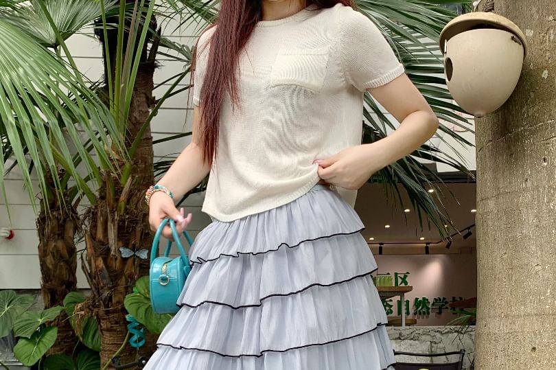 Mid Rise Plain Contrast Trim Midi Tiered Skirt
