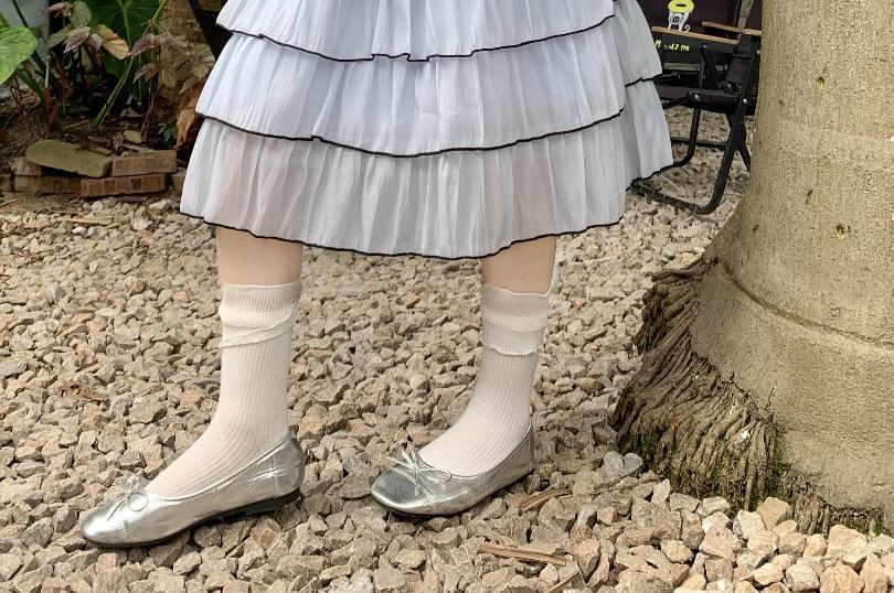 Mid Rise Plain Contrast Trim Midi Tiered Skirt