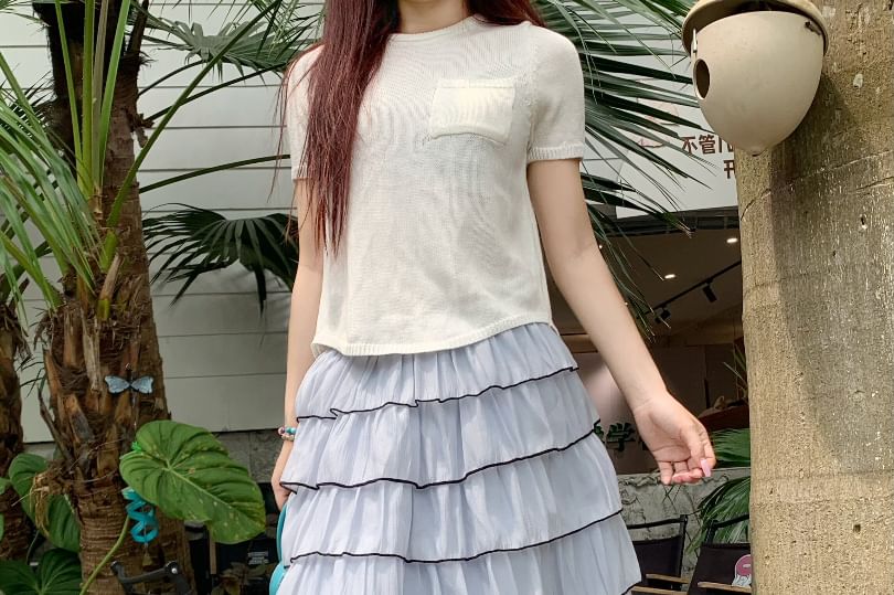 Mid Rise Plain Contrast Trim Midi Tiered Skirt