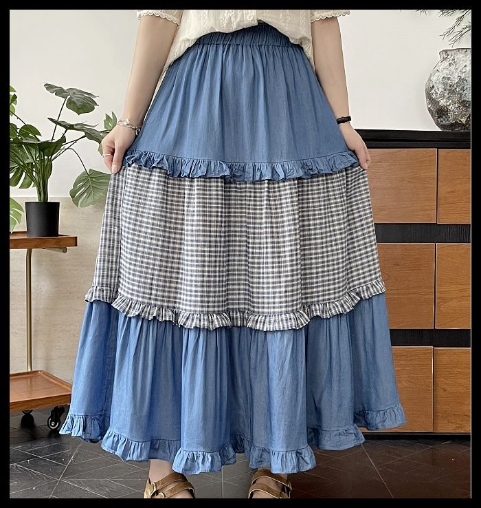 High Waist Frill Trim Plaid Panel Maxi A-Line Skirt