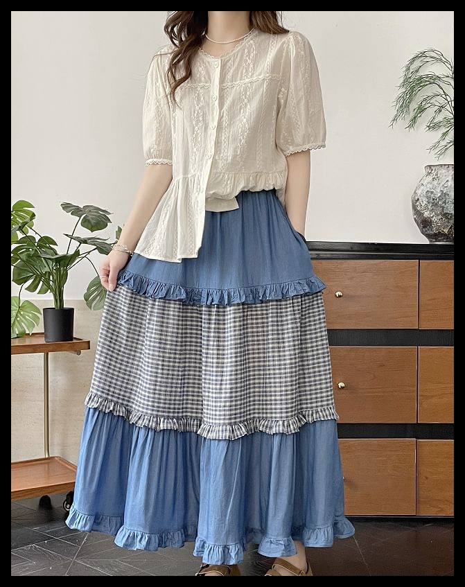 High Waist Frill Trim Plaid Panel Maxi A-Line Skirt