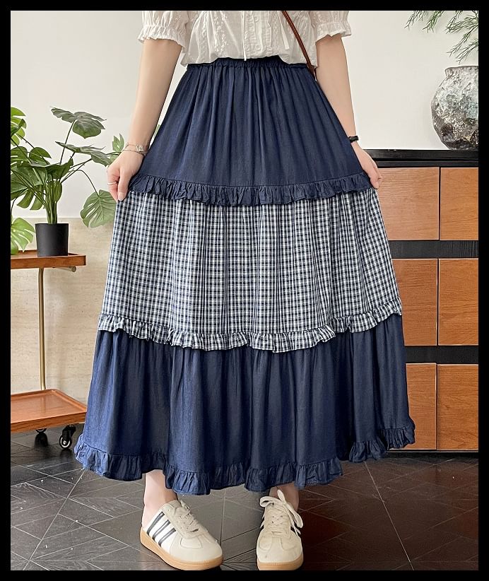 High Waist Frill Trim Plaid Panel Maxi A-Line Skirt