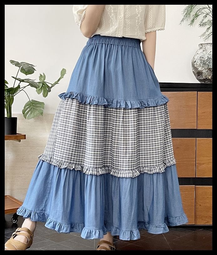 High Waist Frill Trim Plaid Panel Maxi A-Line Skirt