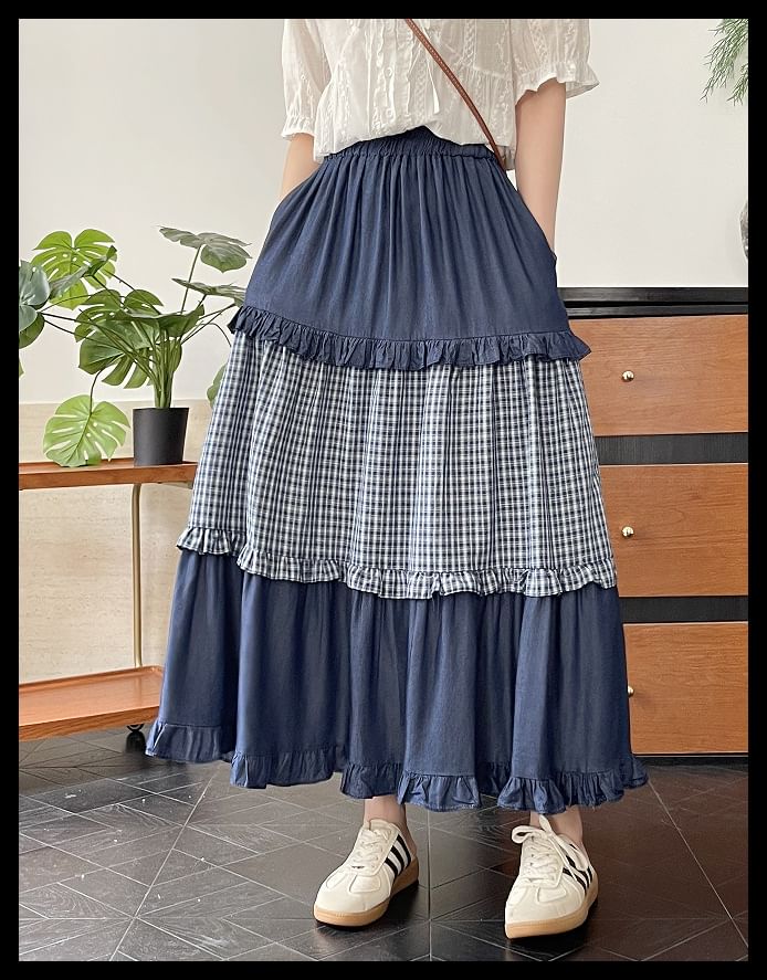 High Waist Frill Trim Plaid Panel Maxi A-Line Skirt