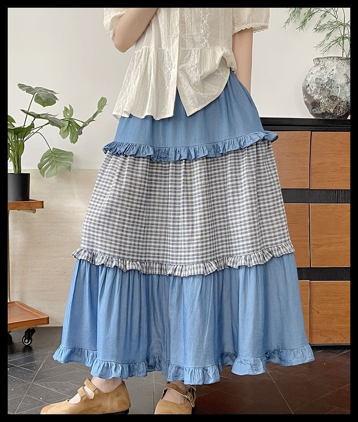 High Waist Frill Trim Plaid Panel Maxi A-Line Skirt