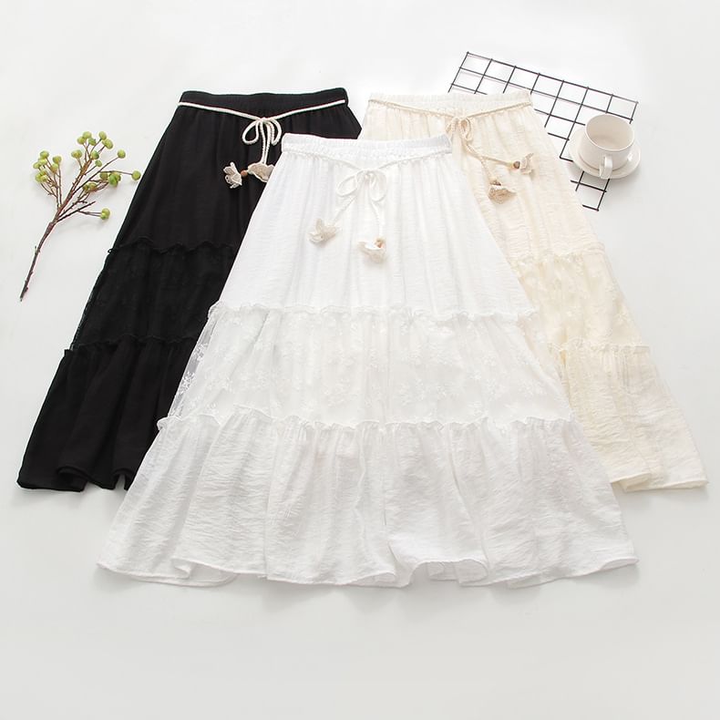 High Waist Lace Panel Maxi A-Line Skirt