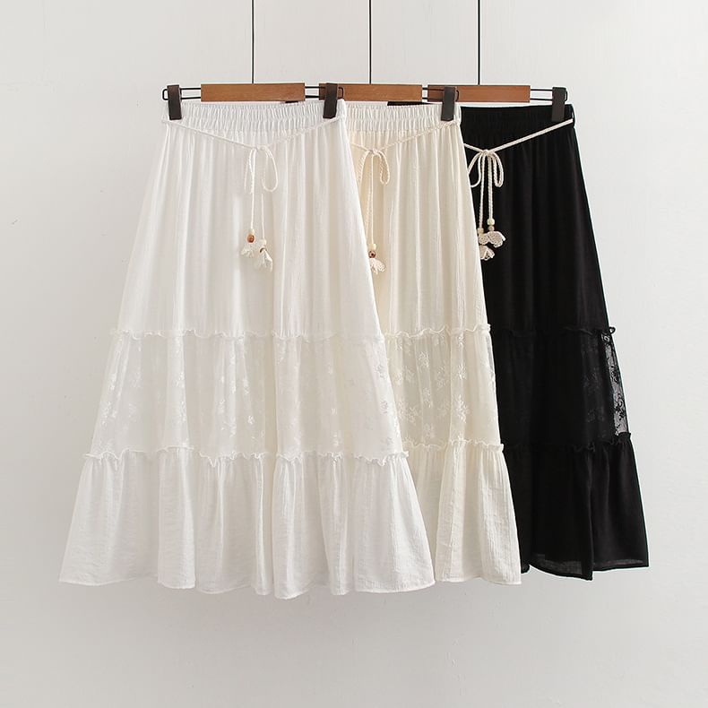 High Waist Lace Panel Maxi A-Line Skirt