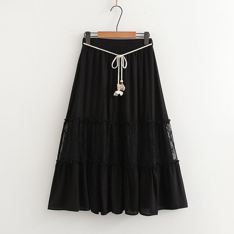 High Waist Lace Panel Maxi A-Line Skirt