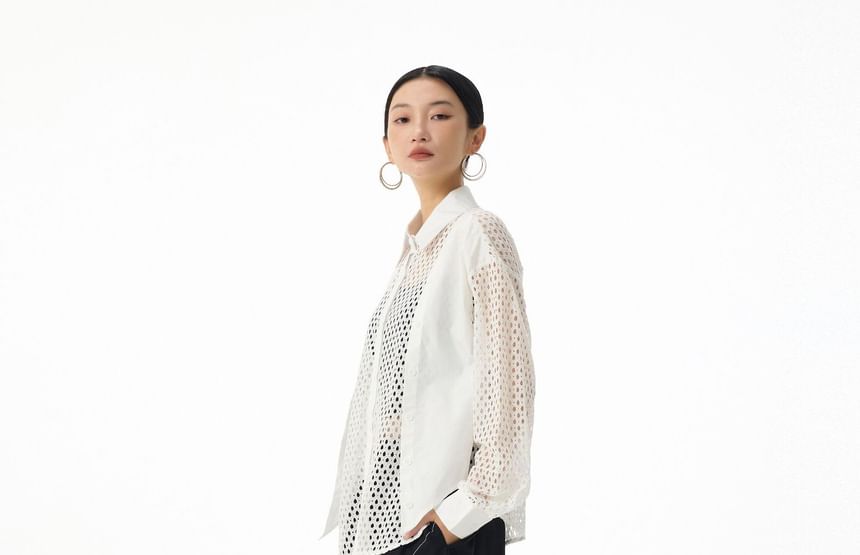 Long Sleeve Collared Panel Mesh Shirt