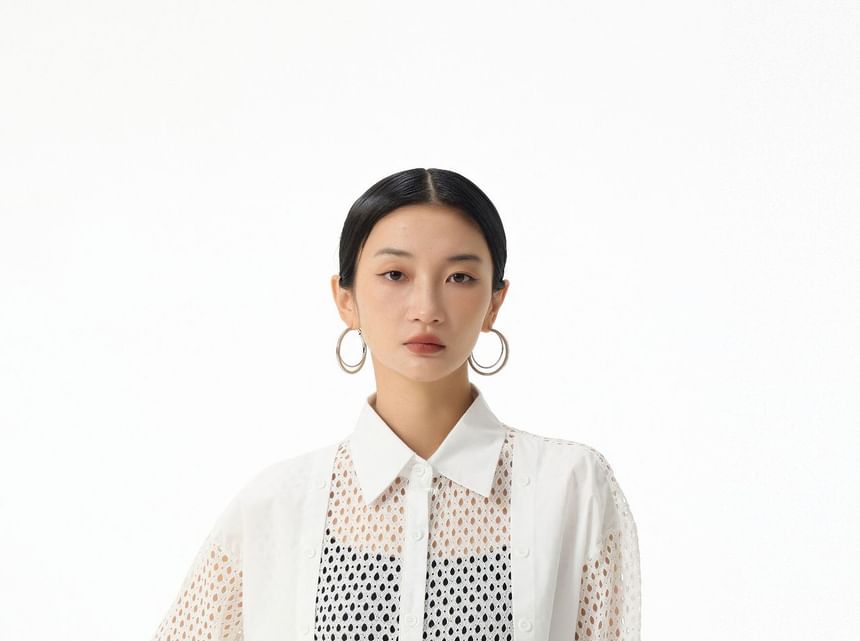Long Sleeve Collared Panel Mesh Shirt