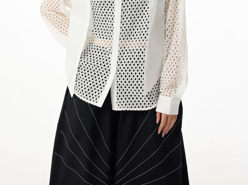 Long Sleeve Collared Panel Mesh Shirt