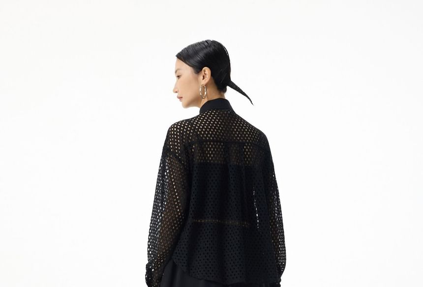 Long Sleeve Collared Panel Mesh Shirt