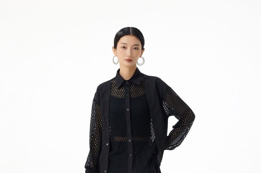 Long Sleeve Collared Panel Mesh Shirt