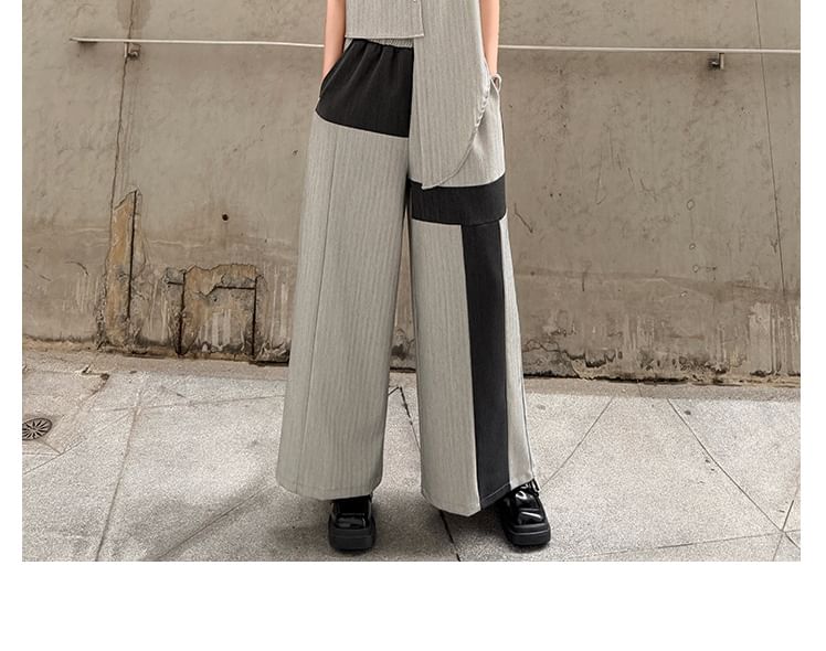Sleeveless Round Neck Striped Asymmetrical Button Top & Wide Leg Pants