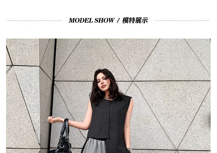 Sleeveless Round Neck Striped Asymmetrical Button Top & Wide Leg Pants