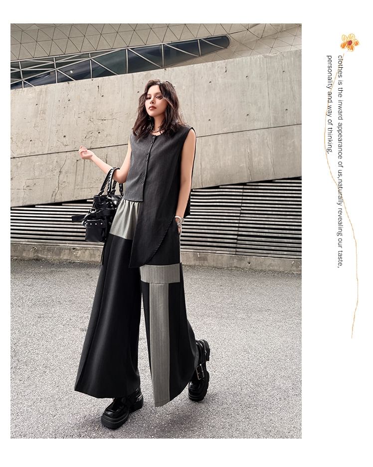 Sleeveless Round Neck Striped Asymmetrical Button Top & Wide Leg Pants
