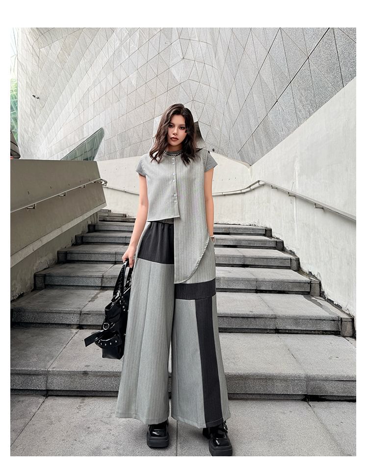 Sleeveless Round Neck Striped Asymmetrical Button Top & Wide Leg Pants