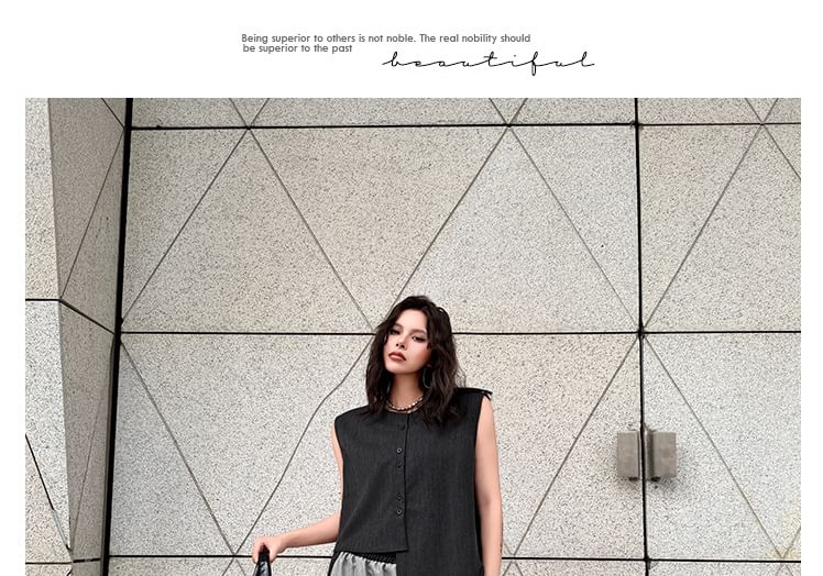 Sleeveless Round Neck Striped Asymmetrical Button Top & Wide Leg Pants