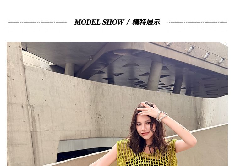 Sleeveless Round Neck Open Knit Top