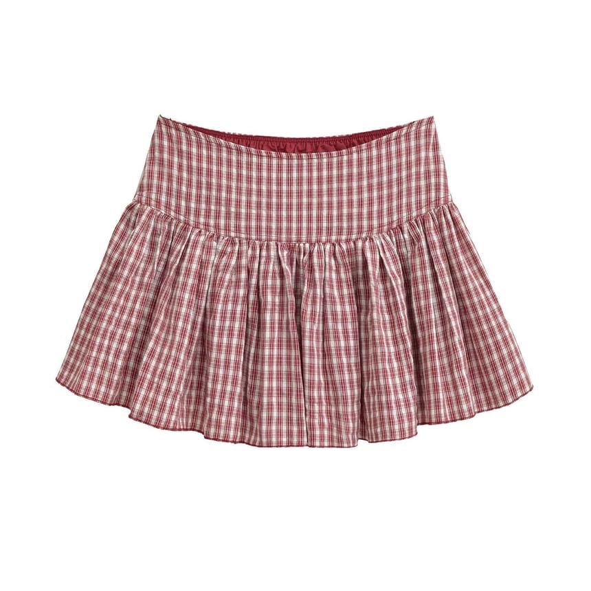 Plaid Elastic Waist Pleated Mini A-line Skirt