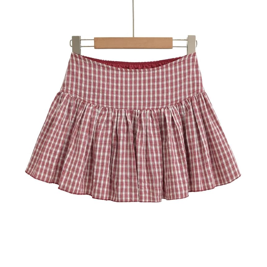 Plaid Elastic Waist Pleated Mini A-line Skirt