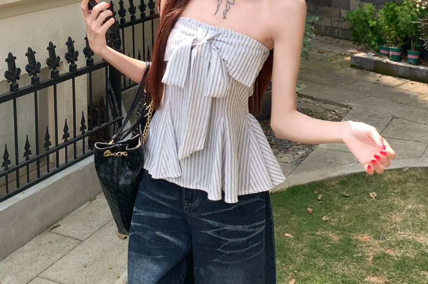 Halter Neck Striped Peplum Crop Top
