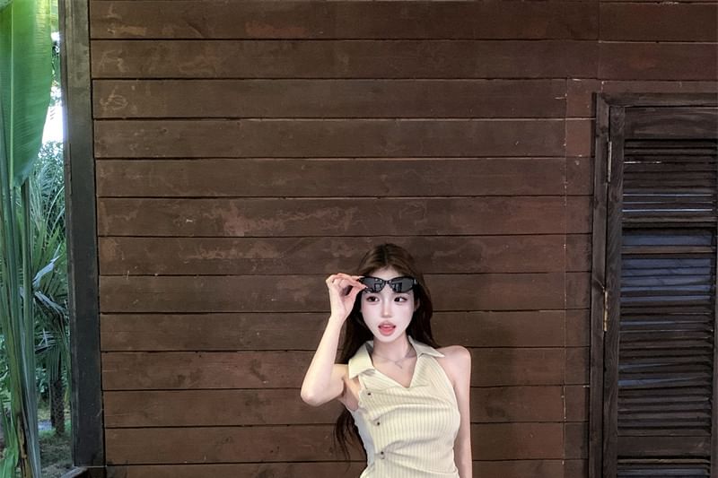 V-Neck Collared Pinstripe Asymmetrical Crop Tank & Wide Leg Pants Set