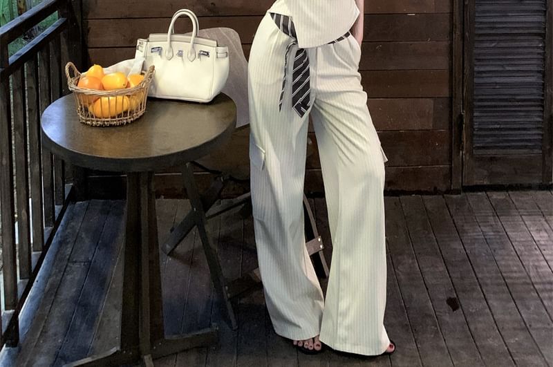 V-Neck Collared Pinstripe Asymmetrical Crop Tank & Wide Leg Pants Set