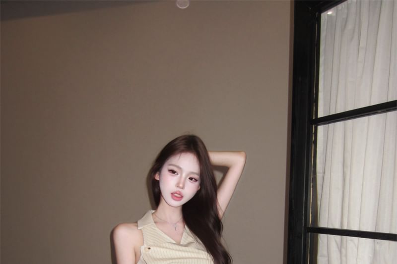 V-Neck Collared Pinstripe Asymmetrical Crop Tank & Wide Leg Pants Set