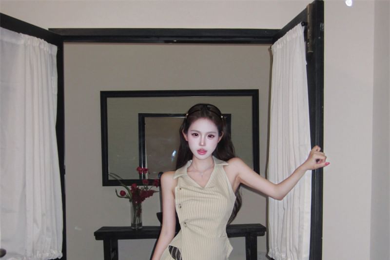 V-Neck Collared Pinstripe Asymmetrical Crop Tank & Wide Leg Pants Set