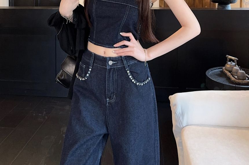 Embellished Denim Crop Camisole & Wide Leg Jeans