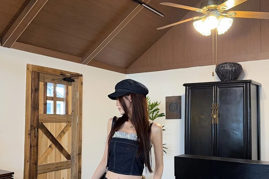 Embellished Denim Crop Camisole & Wide Leg Jeans
