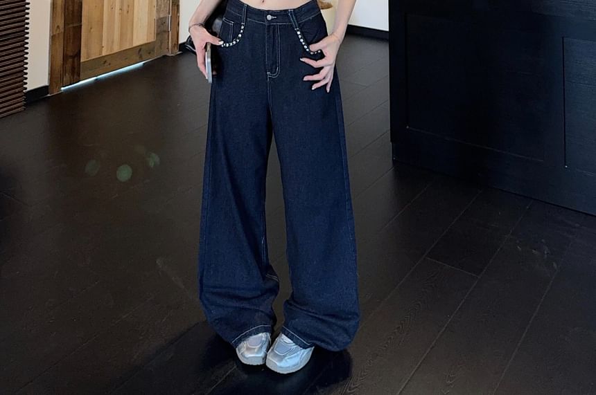 Embellished Denim Crop Camisole & Wide Leg Jeans
