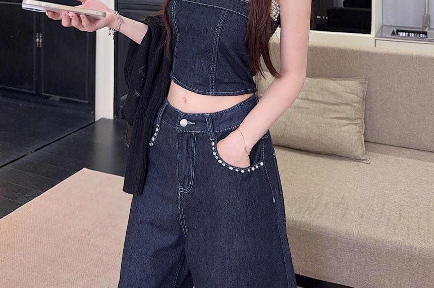 Embellished Denim Crop Camisole & Wide Leg Jeans