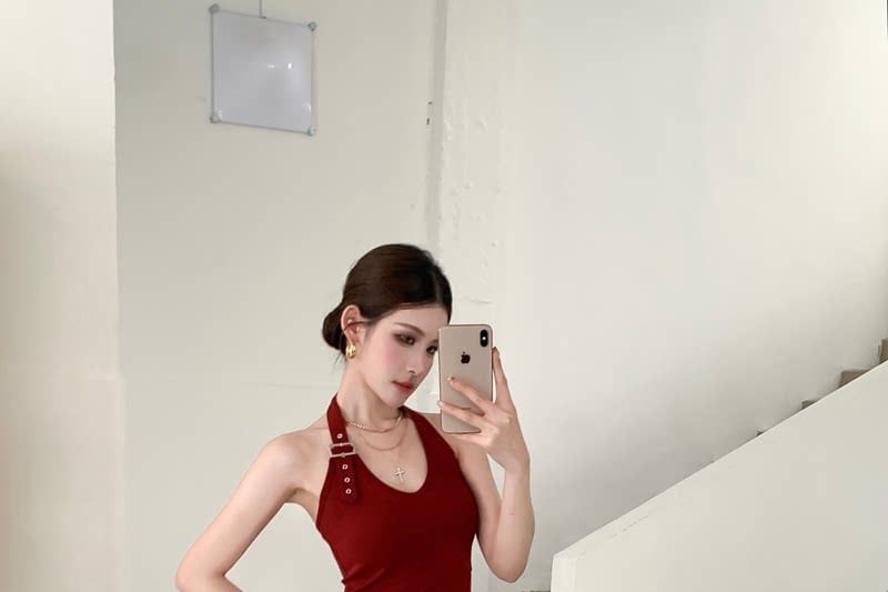 V-Neck Halter Buckled Open Back Crop Top