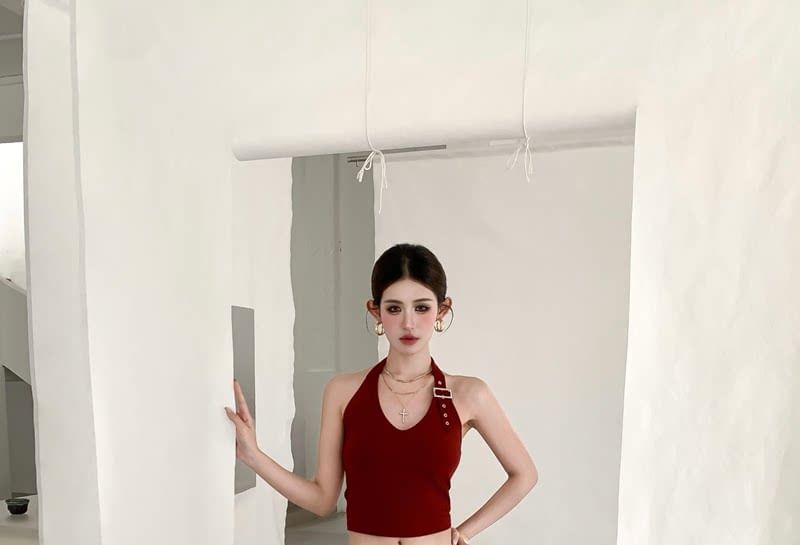 V-Neck Halter Buckled Open Back Crop Top