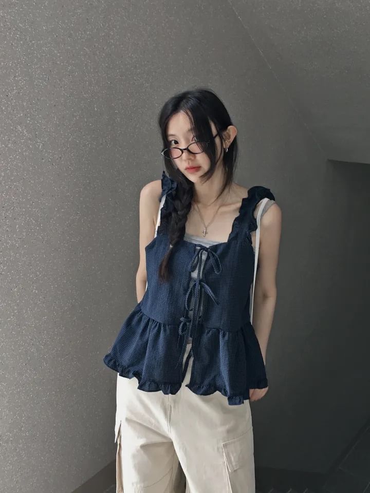 Sleeveless Square Neck Tie Front Ruffle Camisole Top