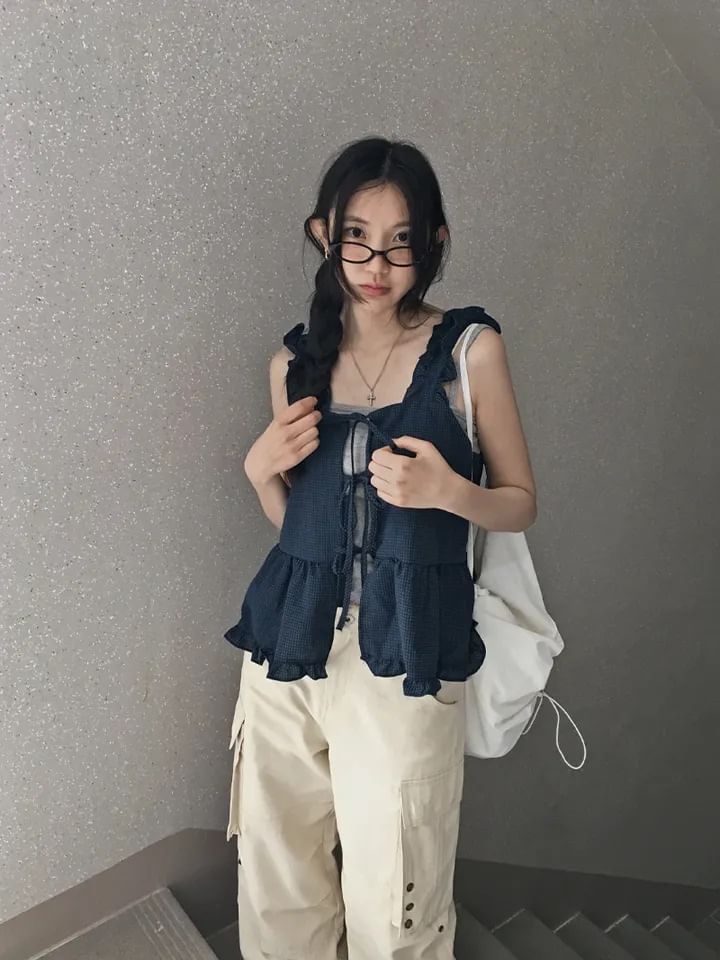 Sleeveless Square Neck Tie Front Ruffle Camisole Top