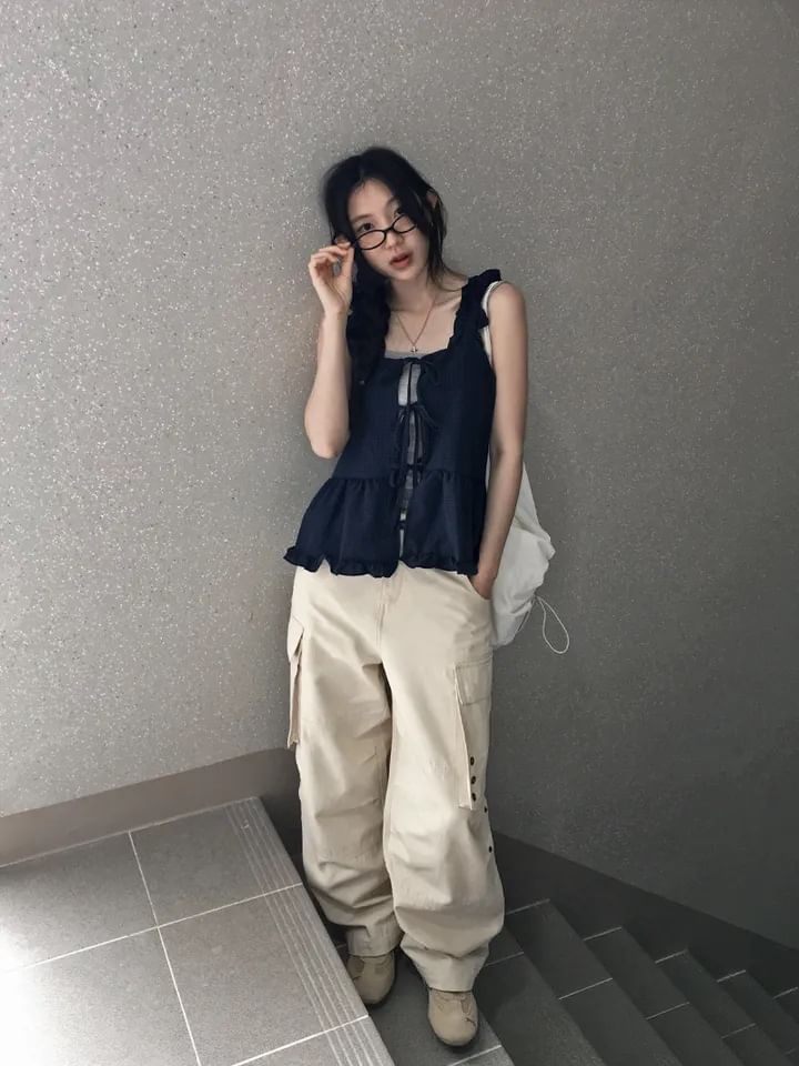 Sleeveless Square Neck Tie Front Ruffle Camisole Top
