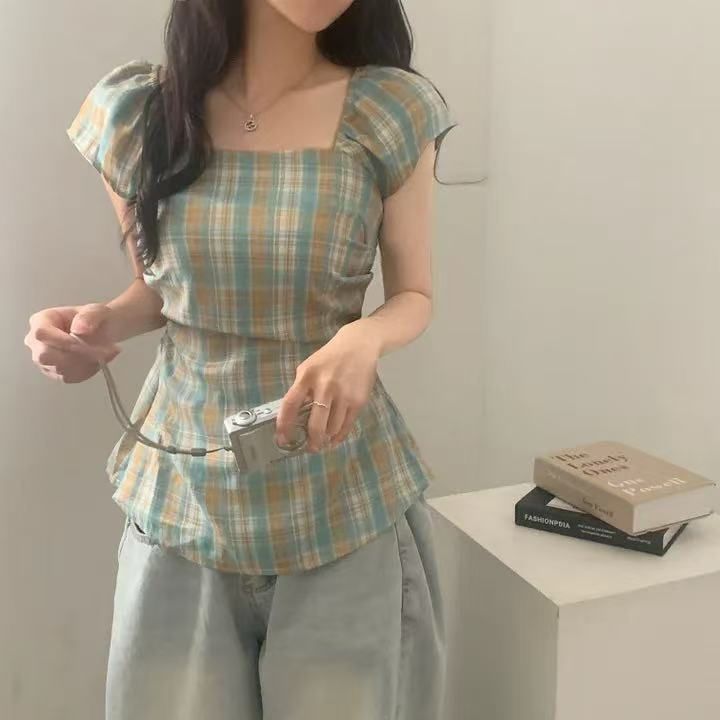 Short Sleeve Square Neck Plaid Ruched Top