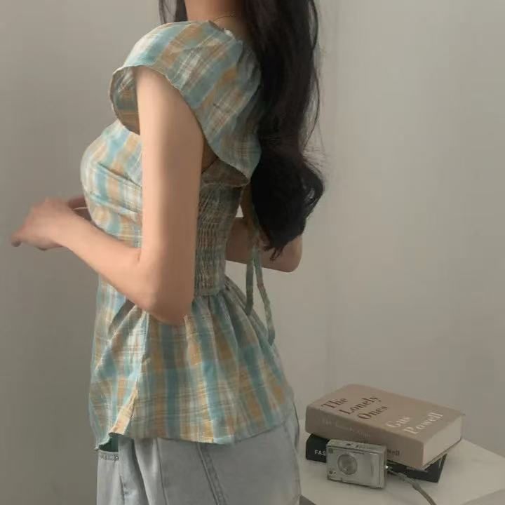 Short Sleeve Square Neck Plaid Ruched Top