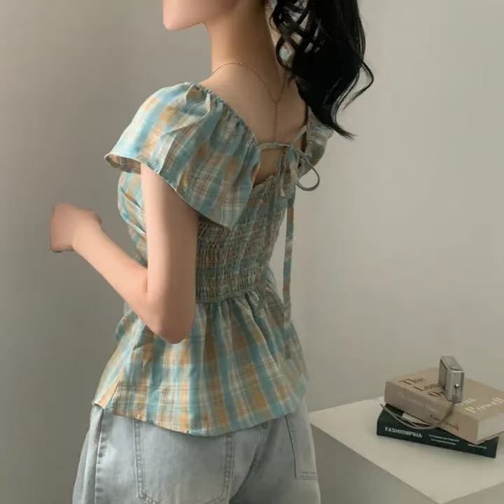 Short Sleeve Square Neck Plaid Ruched Top